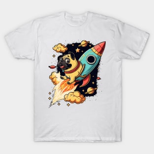 pug flying into space with a rocket T-Shirt